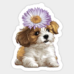 Cavachon Puppy with Purple Aster Sticker